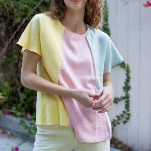 Yellow Pink & Mint Linen Blend Colorblock Short Sleeve Top